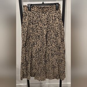 Pleated Beige and Black Leopard Print Midi Skirt